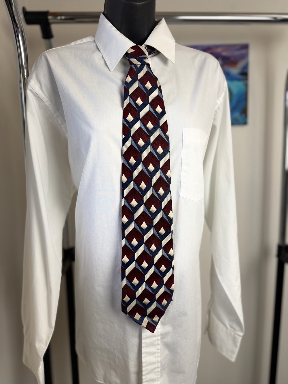 Pierre Balmain Burgundy Geometric Silk Tie with Navy and Cream Diamonds
